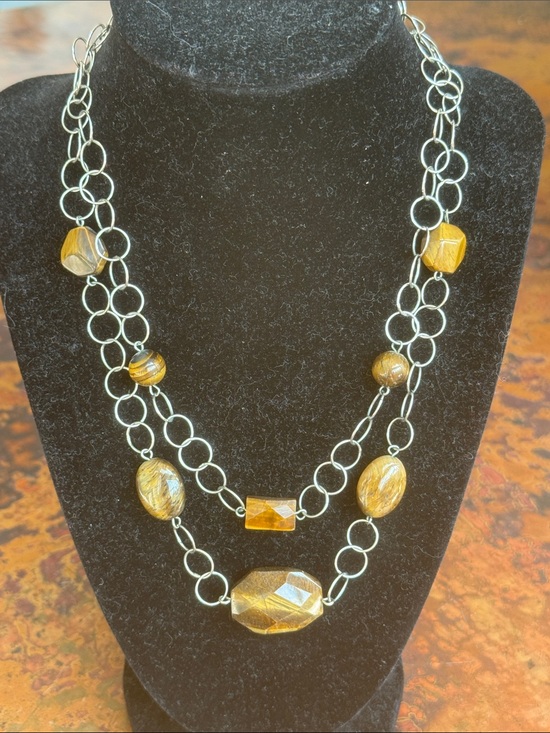 Jewelry - Brown Tiger's Eye Beaded Double-Strand Silver Link Necklace- 18” w/ 3” Extender